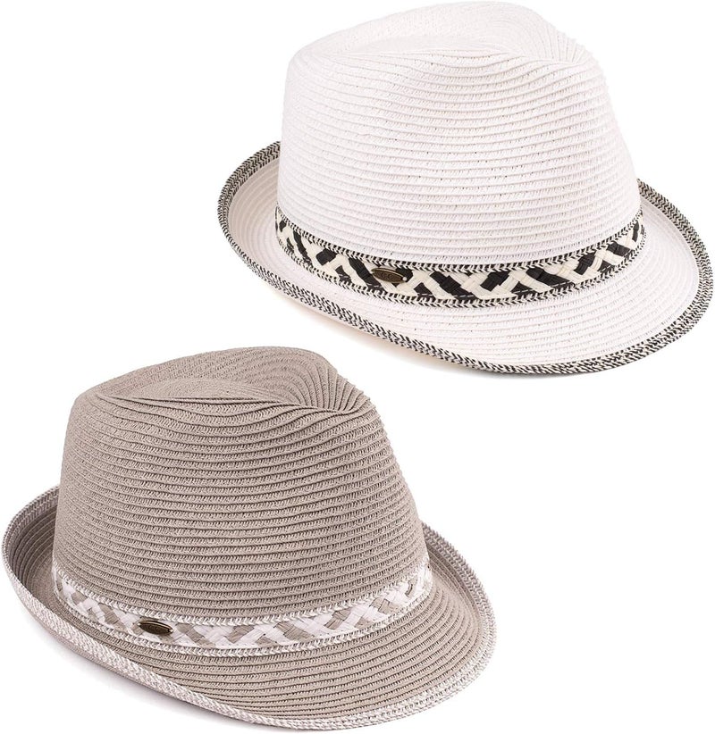 Funky Junque Women's Straw Fedora Sun Hat - UPF 50+ Protection, Short Brim, Stylish Woven Pattern - Image 1